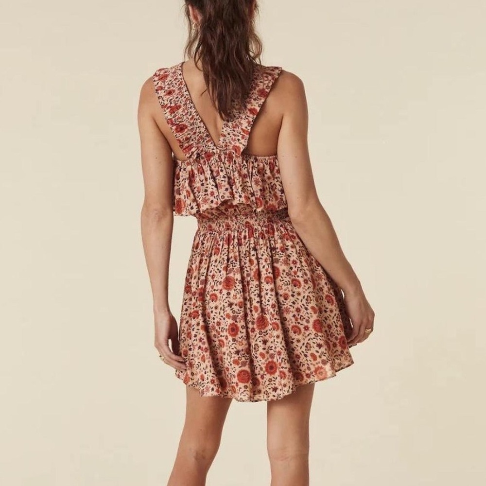 Spell Lady Untamed Frill Floral Mini Dress Small Boho Smocked Tea Leaf - Picture 3 of 10